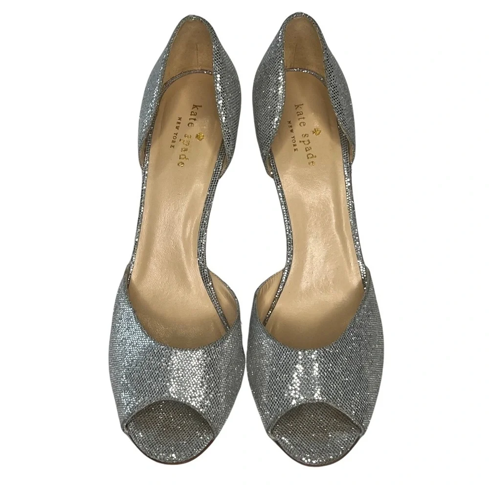 kate spade Heels Glitter Sage D’Orsay Peep Toe Pumps Sparkly Silver Starlight 9